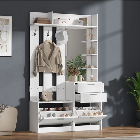 Flurmöbel mit Spiegel, 2 Schubladen, 2 Schuhschränken, 3 Haken, weiß 110x34x185 cm OKMYHOME (1/5)