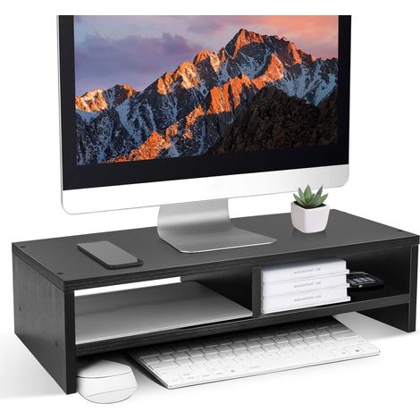 Youyijia Wood Monitor Desk Stand Riser,2 Tiers Computer Monitor Riser,Computer Stand,Laptop Stand with Storage Shelf for Home and Office,Black(W500x D200 x H132mm) (1/5)