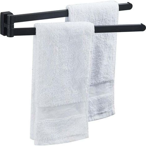 Porte-serviettes pivotant noir mat – Support mural double barre pivotante – Acier inoxydable robuste – Montage facile – Gain de place – (1/5)