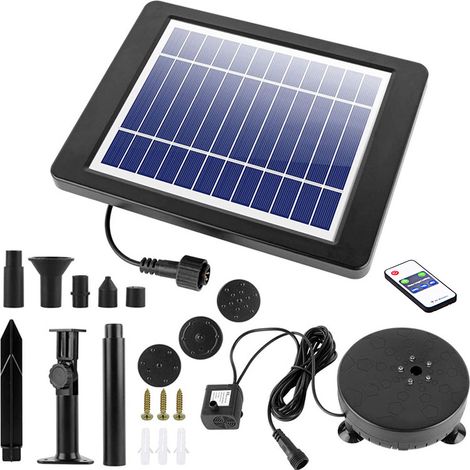 Ortviai Pompe solaire pour fontaine avec LED 5 couleurs, 7 buses, télécommande, 170 L/h, 60 cm, batterie 2400 mAh, noir (1/5)