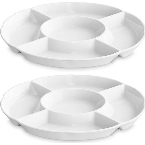 Gemüseplatte-Set (2-teilig), Porzellanplatte mit Fächern, weiß, geeignet für Partys, Obst, Gemüse, Süßigkeiten, Snacks und Desserts, 30 cm (1/5)