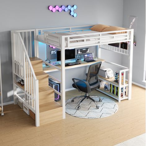 Cama alta infantil 90x200 cm de metal blanco con almacenaje para habitación FloraGrace (1/5)
