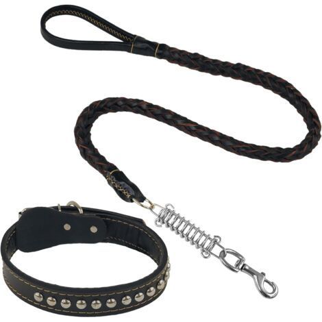 Bonded Leather Collar and Leash for Dogs, Braided Design with Shock Absorber, Durable and Stylish, Ideal for Training and Walking, Black L (1/5)