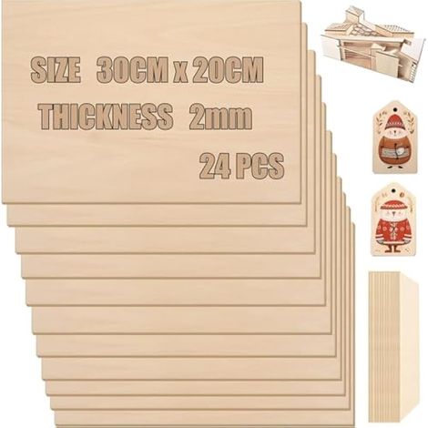 24 feuilles de balsa, 300 x 200 x 2 mm, contreplaqué brut lisse en tilleul pour décoration intérieure, projets DIY, maquettes, peinture et gravure