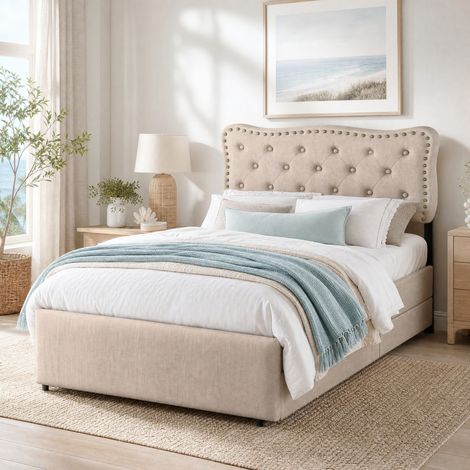 Cama 90x200 cm tapizada en tela y MDF, con cabecero ajustable, dos cajones de almacenaje y acabado beige oscuro elegante, ideal para dormitorio - CHICFURN (1/5)