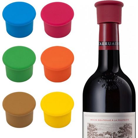 Juego de 7 tapones de silicona para botellas，en colores amarillo，rosa，dorado，azul claro，verde claro y rojo brillante (1/5)
