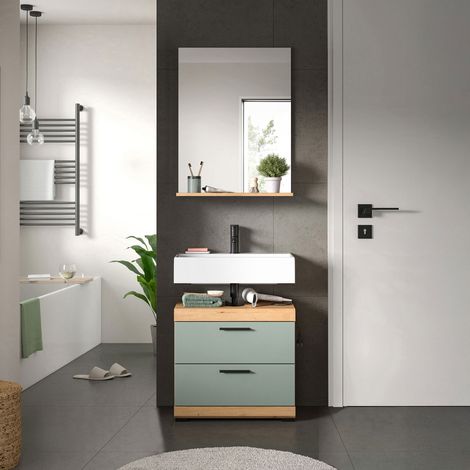 Meuble sous lavabo 2 tiroirs + 1 miroir chêne brun et kaki - OLBO