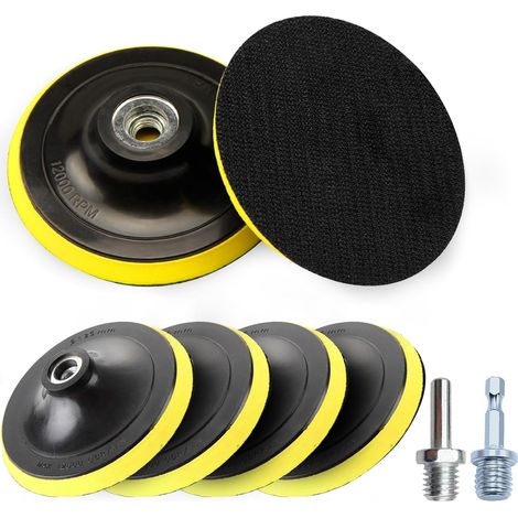 Set di 6 dischi abrasivi da 125 mm per smerigliatrici roto-orbitali e trapani con adattatore per trapano M14 e mandrino di serraggio per carta vetrata roto-orbitale (1/5)