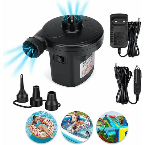 Green Mobility-Dégonfleur de pompe à air électrique 2 en 1, gonfleur avec 3 buses, pompe à palettes AC 220V240V/12V piscine à aubes électrique, pompes à palettes pompe de lit à air (1/5)