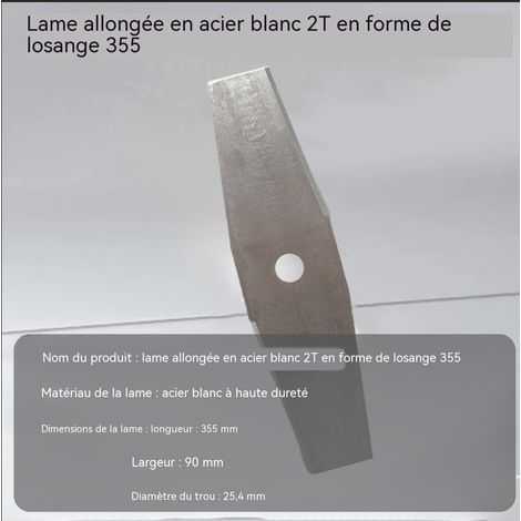 Lame de débroussailleuse allongée 2 dents losange en acier blanc, 355x90mm alésage 25.4mm, lame rectangulaire longue à biseau rhombique, grand diamètre de coupe