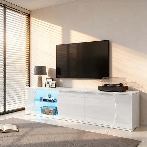 Meuble TV LED 180x40x45 cm avec 3 portes, séparation en verre trempé, finition brillante, pour TV jusqu’à 80 pouces, blanc