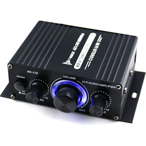 Amplificateur Audio - 20W+20W - 2 Canaux - Réglage Graves/Aigus - Alimentation 12V CC/CA - Pour Maison et Voiture - Dimensions 13,3 x 11,3 x 5 cm (1/4)