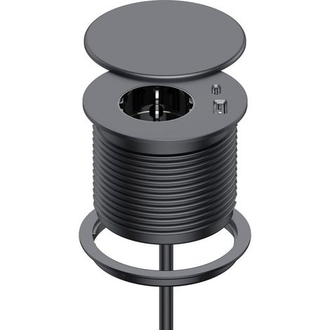 Prise Encastrable Plan de Travail avec 1 Prise, 1 Port USB C, 1 Port USB A, 80 mm de Diamètre, Prolongateur de 1,5M de Câble, Dinolink Prise avec Couvercle équipée pour la Cuisine, Les Meubles, Noir (1/5)