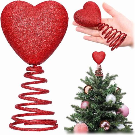 Coeur - Sommet D Arbre De Noël - PVC Brillant - Base En Spirale À Paillettes - Pour Décoration De Fête - 13 14 16 Cm - Lot De 1 (1/5)