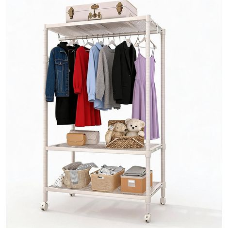 Portant à vêtements sur roulettes robuste – 3 niveaux réglables, crochets latéraux, tringle triple – Étagère métallique portable pour chambre, buanderie ou petit espace – Couleur cendre, barre à trois