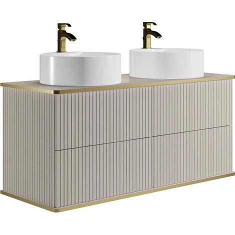 Mobile bagno sospeso con scanalature con profilo dorato con doppio lavabo da appoggio rotondo Beige 120 cm - KELIZA