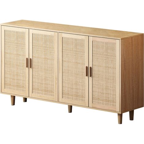 Aparador de Almacenaje con 4 Puertas de Ratán y Estante Ajustable, en Tablero de Partículas, Natural, 158×40×88 cm (1/5)