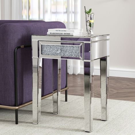 Modern Glam Mirrored Side Table with Glitter Drawer - Luxe Accent Furniture for Living Room & Bedroom (1/5)