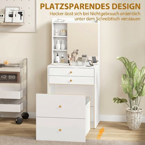 Coiffeuse blanche avec miroir, tabouret rembourré, rangements intégrés : placard, tiroirs et étagères ouvertes, table de maquillage compacte (1/5)
