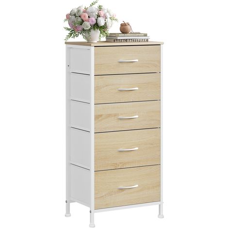 Woltu – Commode 5 tiroirs en tissu – Structure en métal et bois d'ingénierie – Dimensions L45,5xP30xH95,5cm – Meuble de rangement décoratif