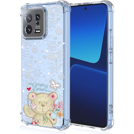 FUNDA PARA XIAOMI 13 TRANSPARENTE OSITO FLORES BLANCAS EN RELIEVE ALTA PROTECCIÓN (1/5)