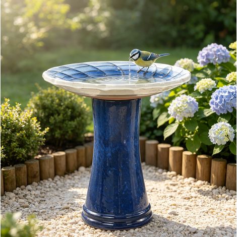 Bain d'oiseaux en céramique sur pied bleu, vasque Ø 43 cm, hauteur 45 cm, abreuvoir pour oiseaux extérieur résistant au gel pour jardin terrasse balcon - CHICFURN (1/5)