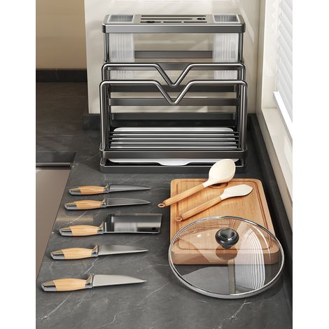 Porte‑couteaux de cuisine multifonction noir en acier au carbone 24 x 15,5 x 22,5 cm, rangement pour couteaux, planches, couvercles et baguettes, bac d’égouttage amovible pour plan de travail (1/5)