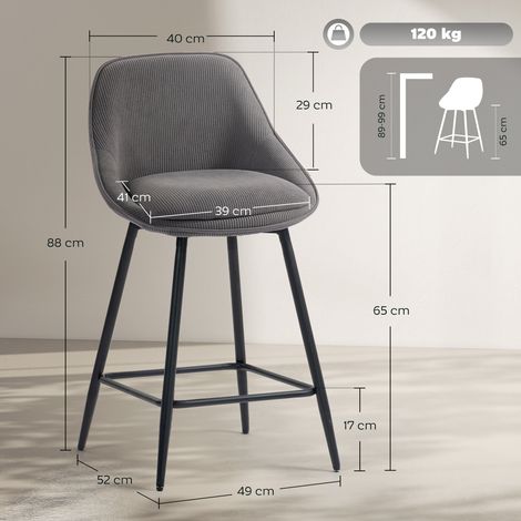 Ensemble de 2 tabourets de bar avec revêtement en velours côtelé et pieds en acier, chaises rembourrées pour îlot de cuisine, salle à manger, gris (1/5)