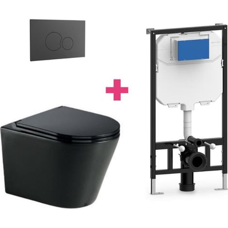 Hänge-WC TURIN Komplett-Set schwarz mit runder schwarzer Drückerplatte