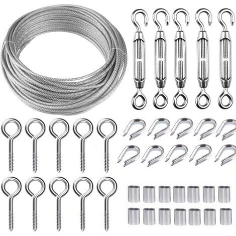 Kit de câble métallique en acier inoxydable de 30 m/2 mm avec tendeur de fil robuste M5, kit de rouleau de fil de clôture, kit de garde-corps de câble, tendeurs de fil de jardin pour plantes grimpante (1/5)