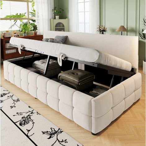 Bett Schlafsofa modern beige 90x200 cm mit Rückenlehne, hydraulischem Stauraum und Lattenrost (1/5)