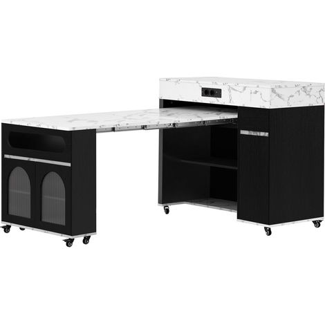 Table à manger îlot table de cuisine extensible bloc multiprise verre cannelé 1 tiroir sur roulettes buffet d'appoint noir (1/5)