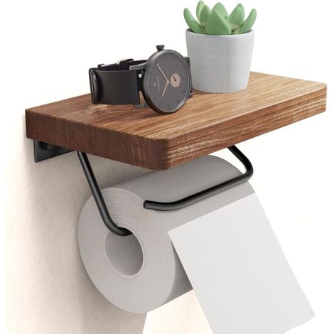 Lntyq Porte-papier hygiénique avec étagère pour salle de bain de ferme Porte-rouleau de papier toilette rustique Fixation murale Antirouille Réglable Facile à déchirer Noyer