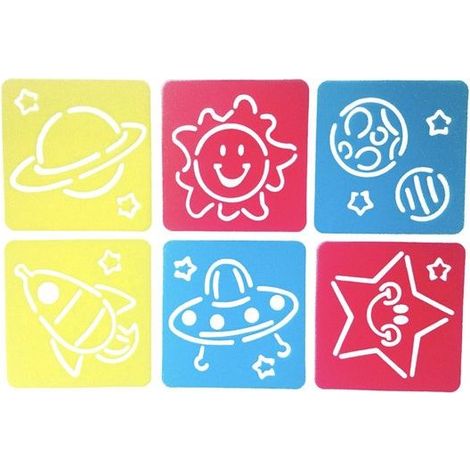 Lot de 6 pochoirs de dessin pour enfant - Motifs planète, soleil, lune, vaisseau spatial, OVNI, étoile - Cadeau Saint-Nicolas - Loisir créatif (1/5)