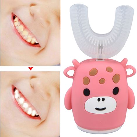 Brosse à dents électrique pour enfants en forme de U rose vache mignonne - Brosse à dents pour enfants avec poils souples et motif dessin animé (1/5)