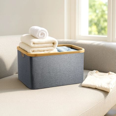 Foldable Laundry 60L Grey Bamboo Fabric Washing Baskets Foldable Wash Clothes Storage Space Saving Laundry Baskets for LaundryRoom (1/5)