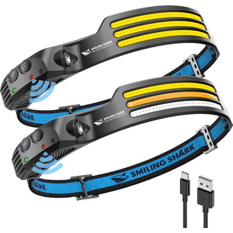 Smiling Shark-Stirnlampe, 2 Stück, 230° Weitwinkel, 3 x LED-Mehrfarben-Lichtstreifen, wiederaufladbar und wasserdicht, Bewegungssensor für Camping, Wandern, LED-Stirnlampe, Camping-Licht [Energieklass (1/4)