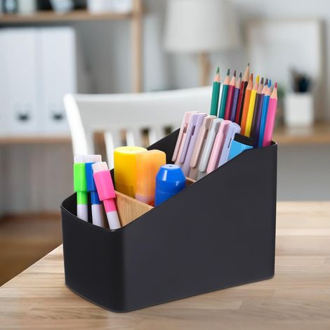 Organizador de escritorio, organizador para control remoto de TV, organizador extraíble de 4 compartimentos, organizador multifuncional para bolígrafos, notas adhesivas, color negro (1/5)