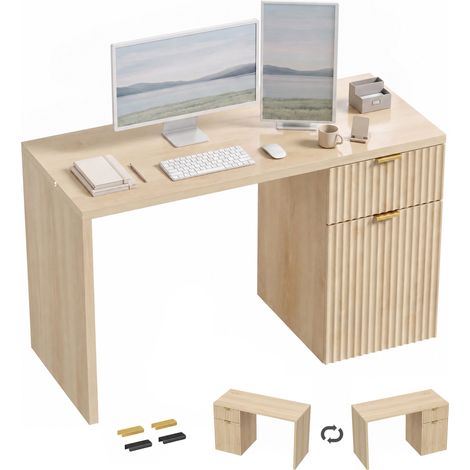 HOMCOM escritorio reversible con cajón, 120 cm, mesa de escritorio con armario, estante ajustable y tablero grueso, para oficina en casa, roble (1/5)