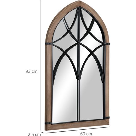 Miroir mural arqué avec détails modernes et crochets, bois et verre, 60 x 93 cm, marron et noir (1/5)