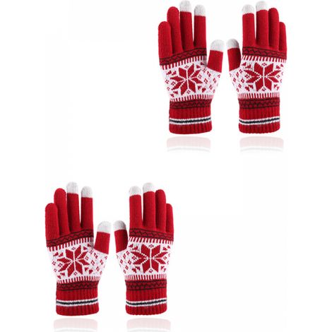 Christmas Gloves - Knitted Lined Gloves - Touchscreen Compatible - Long Finger Design - Thick, Elastic Winter Gloves - Snowflake Pattern, Red