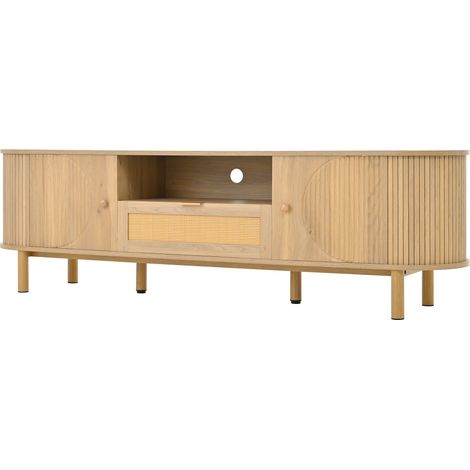 Meuble TV moderne avec tiroirs en rotin, compartiments ouverts, plateau arrondi, pieds en métal effet bois, meuble de salon multifonction (1/5)