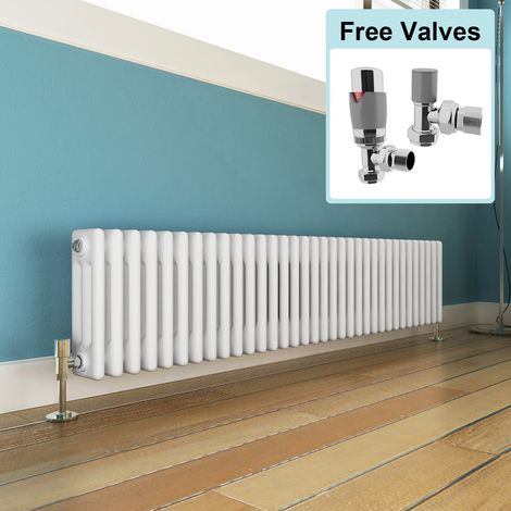 ELEGANT Traditional Radiator White 300 x 1505 mm Designer Horizontal Column Radiator Cast Iron Style Triple Rads + Chrome Thermostatic Radiator Valves (1/5)