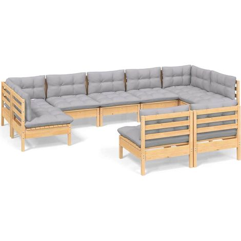 Terrassensofa - 9-tlg. Garten-Lounge-Set mit Grauen Kissen Kiefer Massivholz (1/5)