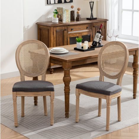 Sedia da pranzo in legno massiccio grigio stile francese con schienale in rattan e rivestimento in lino,59.5×49×95cm (1/5)
