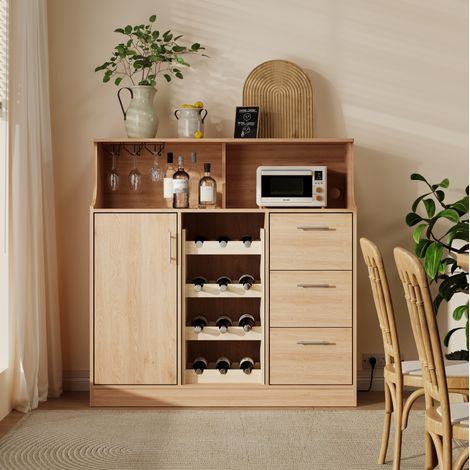 Anrichte MDF Natur/Weiß 120 x 40 x 121 cm mit Weinregal, Gläserhalter, Steckdose, LED und viel Stauraum (1/4)