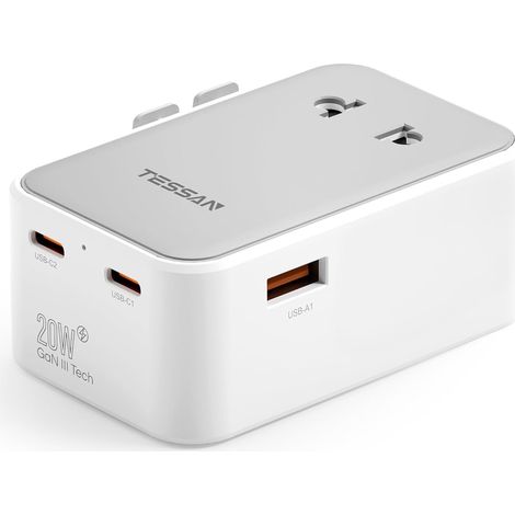 Adaptateur Prise Universelle PD 20W avec 2 USB C et 1 USB A Adaptateur Universel de Voyage, Prise Internationale de Voyage pour Anglaise USA Japon Australie Canada Mexique Chine France (1/5)