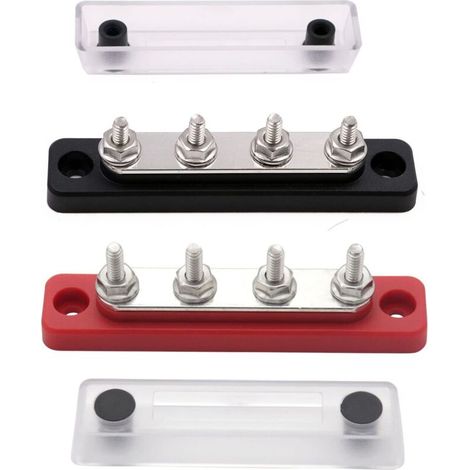 12V - 48V DC-Sammelschiene mit 4-poligen 3/16"-Verbindern für 100 Ampere-Sammelschiene mit schwarzer + roter Batterieanschlussabdeckung, 2-fach.