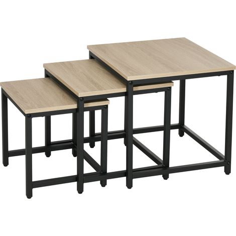Set di 3 tavolini da caffè impilabili effetto legno naturale con struttura in acciaio (1/5)