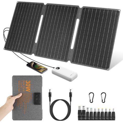 Panneau Solaire Portable 30W 18V,Chargeur Solaire,IP67 Panneau Solaire Pliable, DC+USB3.0+Type-C Chargeur Solaire Portable Puissant pour Téléphones Tablettes Batterie Externe Camping (1/5)